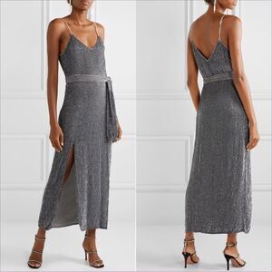 Retrofete Rebecca  Grey Velvet Trimmed Sequined Chiffon Dress ( No Belt)